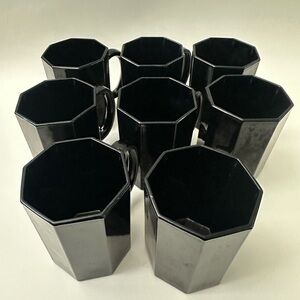Vintage MCM Arcoroc France SET OF 8 Black Glass 3" Octagon 4" Tall Paneled Mugs